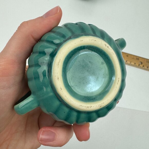 Vtg Small Ceramic Creamer Sugar Set MCM Sage Green Teal Swirled Ribbed Textured - Picture 8 of 10